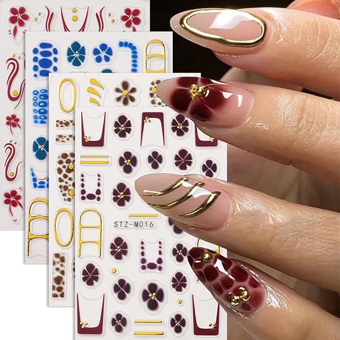 Fall Nail Stickers for Nail Art, 4 Sheets Flower Nail Decals 3D Self Adhesive Manicure Supplies Autumn Winter Nails Design French Tip Nail Art Stickers Flowers Acrylic Nail Decoration for Women Girls