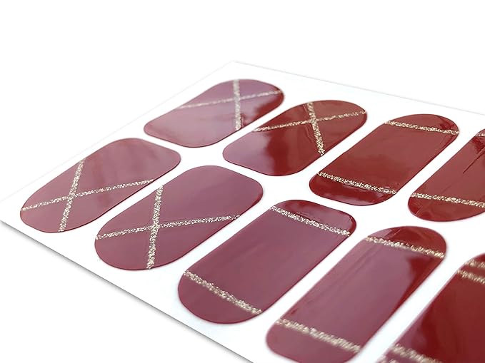 | 20 Exquisite Gel Nail Polish Strips w/Application Accessories - No UV/LED Lamp Required (Holiday | Burgundy & Gold Lines)