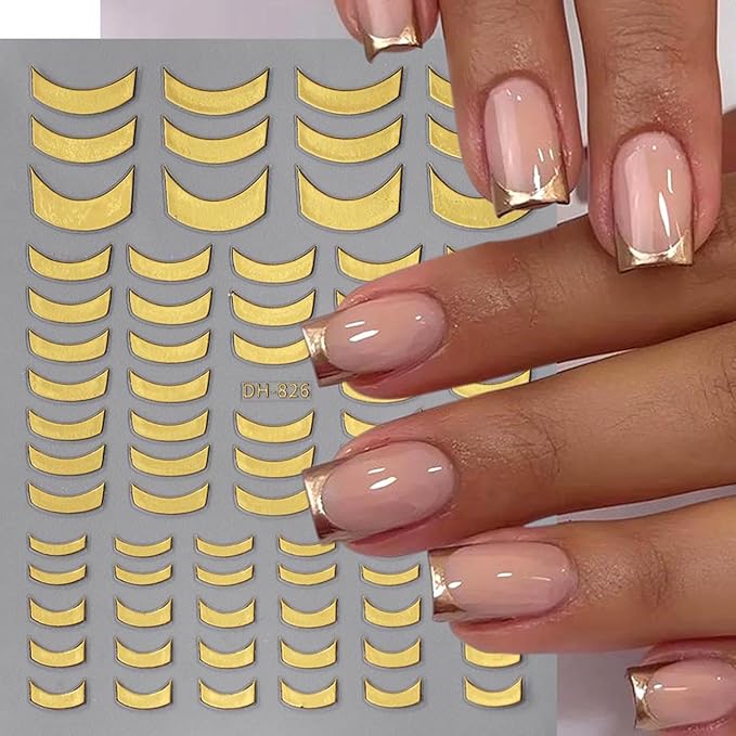 French Line Nail Art Stickers Decals, 4Pcs Gold Silver French Nail Decals 3D Metal Curve Stripe Wave Lines Nail Design French Nail Supplies for Nails Adhesive Sticker Slider DIY Manicure Accessories