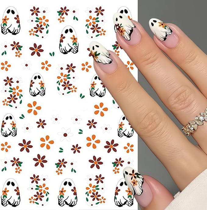 8 Sheets Halloween Nail Stickers Ghost Mushroom Nail Art Stickers Daisy Ghost Nails Decals Pumpkin Spider Colorful Holiday Nail Art Supplies Adhesive Halloween Sticker for Women Nail Art Decorations