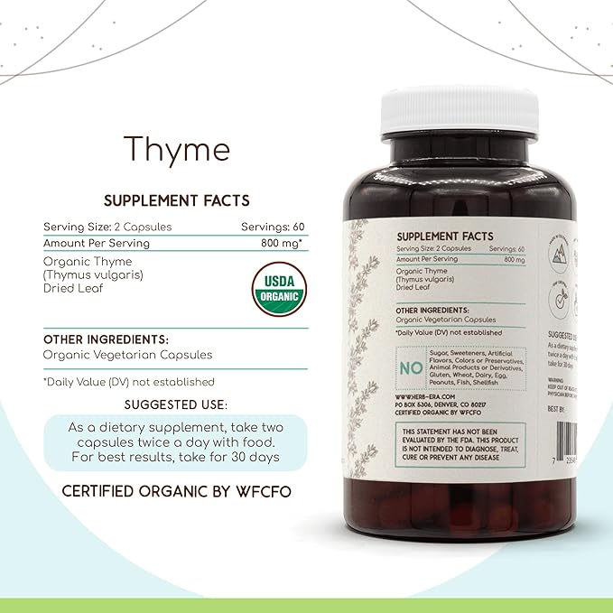Thyme 120 Capsules, 800 mg, USDA Organic Thyme (Thymus Vulgaris) Dried Leaf (120 Capsules)