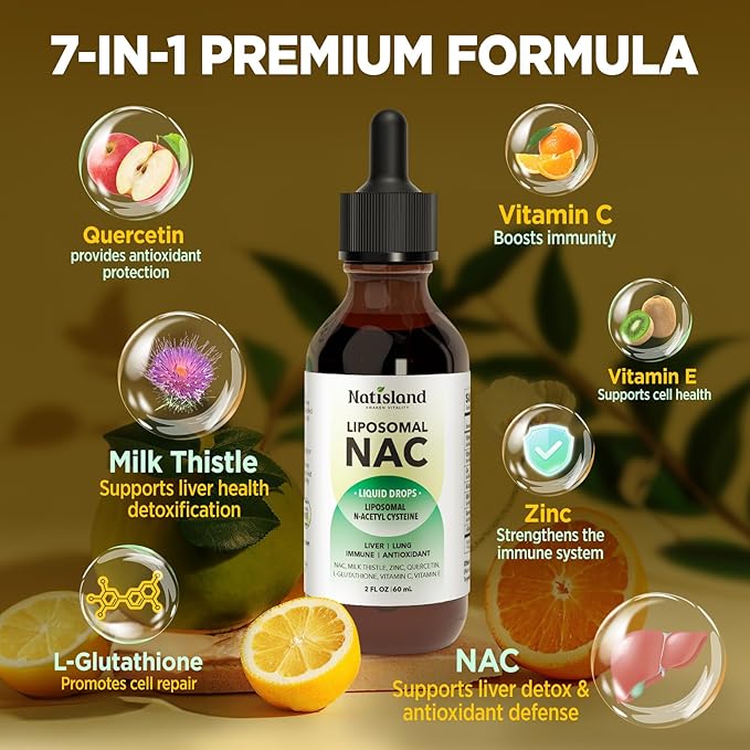 Liposomal Liquid NAC Drops, NAC Supplement N-Acetyl Cysteine, NAC 600 mg with Milk Thistle & Quercetin for Adults & Kids, Liver & Lung Support, Immune & Antioxidant, Skin & Cellular Health, 2 Fl Oz