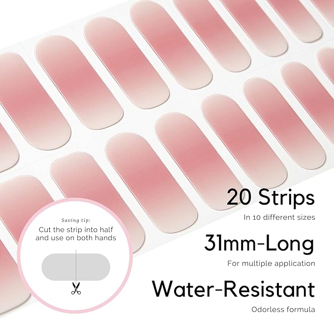 Semi Cured Gel Nail Strips - NAILOG 20 Pcs Clear Pink Gel Nail Stickers Extra Long Nail Wraps with Glossy Gel Finishing for Spring Summer Gradient Color, Tutu