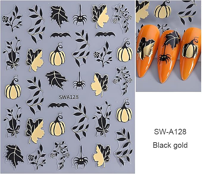 Halloween Nail Art Stickers, Glitter Pumpkin Ghost Nail Art Decals 3D Self-Adhesive Whit Gold Heart Spider Web Bat Black Leaf Nail Design 8Pcs Halloween Nail Art Supplies for Women Nail Decoration