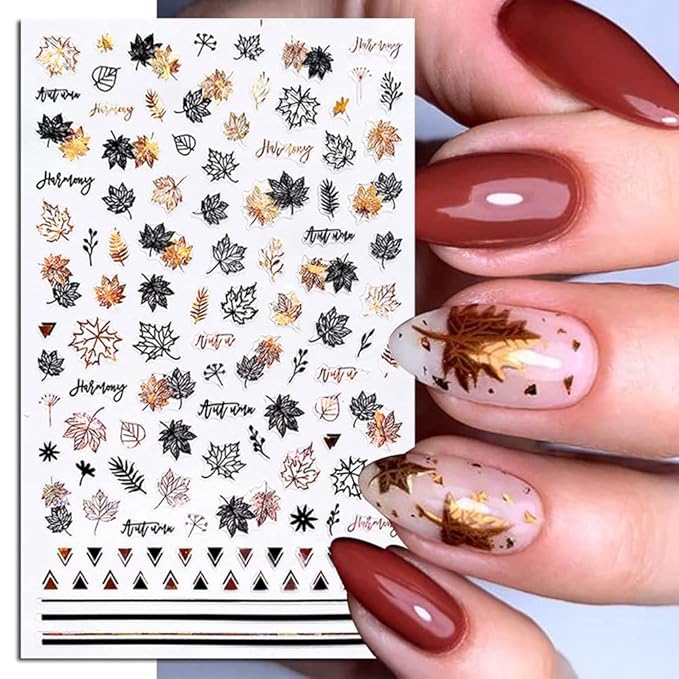 8 Sheets Fall Leaves Nail Art Stickers Gold Maple Leaf Self-Adhesive Nail Decals 3D Stickers Foil Autumn Maple Nail Designs Laser Shiny Manicure Tip Fall Nail Decorations for Thanksgiving Day Supplies