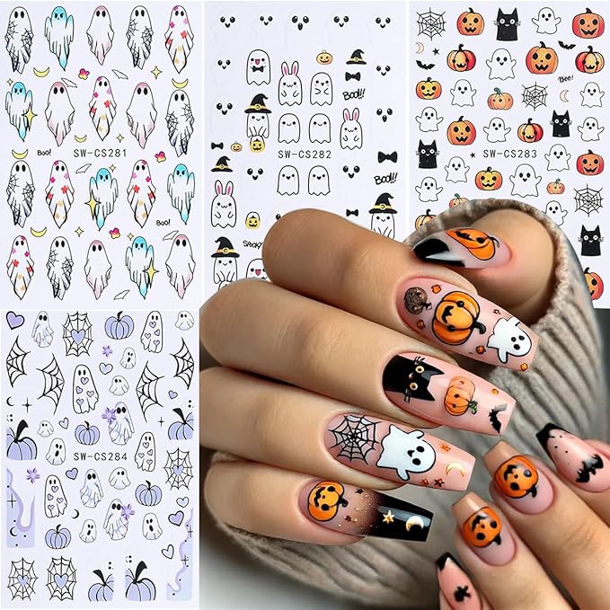 Halloween Nail Art Stickers, Cute Cartoon Ghost Nail Art Decals 3D Self-Adhesive Spider Bat Pumpkin Skull Flowers Nail Design 4Pcs Halloween Nail Art Supplies for Women Nail Decoration