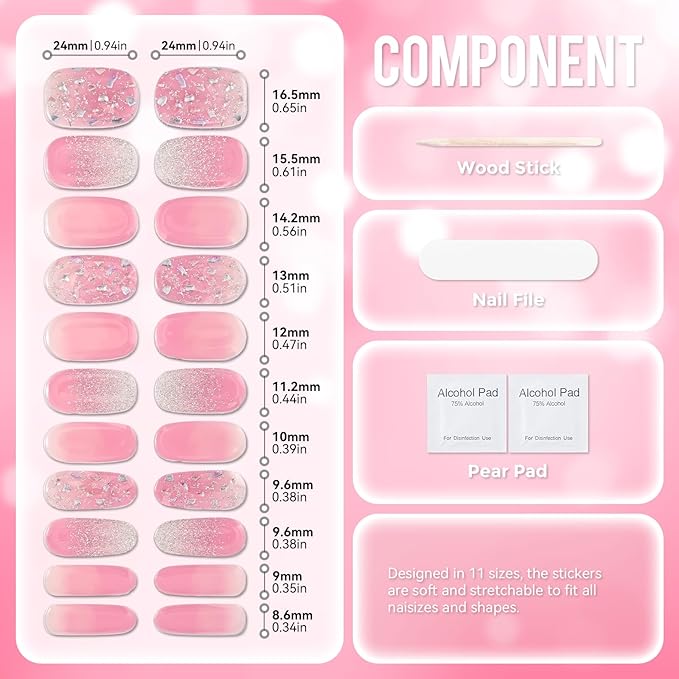Gloss Nail Strips|Uv Free|22 Pcs,Gel Nail Stickers|Long Lasting Two Weeks and Easy to Apply&Remove|Pink Sequins 1