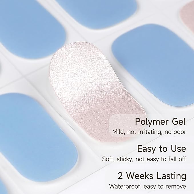 Semi Cured Gel Nail Strips, 28 pcs UV Gel Nail Stickers Full Nails Wraps for Women Home DIY Nails Art, UV Light Required(Sky Blue)
