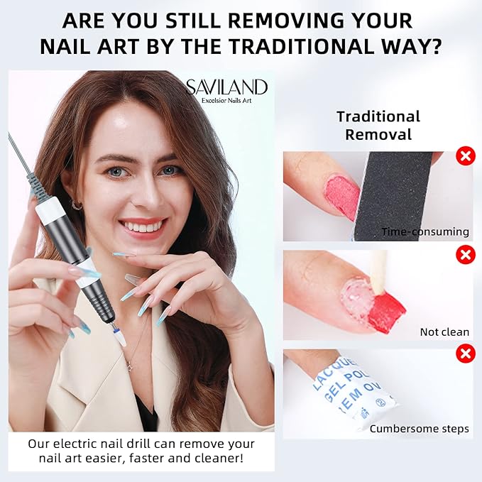 SAVILAND Electric Nail Drill 35000RPM: High Speed Portable Nail Drill Machine Nail File with Ceramic Corn Bit USB Rechargeable for Acrylic Gel Nails Removal Manicure Pedicure Kit for Home Salon White