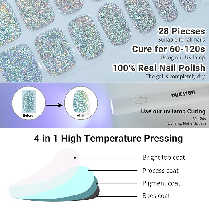 Semi Cured Gel Nail Strips, Silver Glitter | 28pcs Gel Nail Strips Work with Any uv lamp,Gel Nail Stickers for Women Girls, Includes Prep Pads, Nail File & Wood Stick