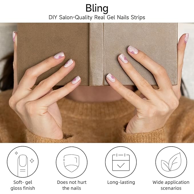 Semi Cured Gel Nail Strips, Bling | 28 pcs Gel Nail Strips Work with Any UV Lamp, Salon Quality UV Nails Stickers, Easy to Apply for Home Nails DIY