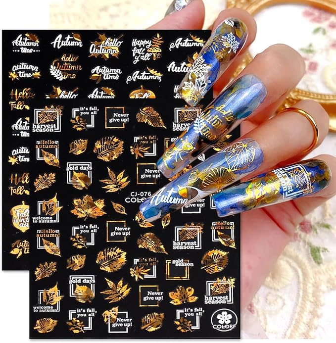 9 Sheets Fall Nail Stickers for Nail Art Maple Leaf Nail Decals Flower Tree Maple Leaves Design Decals D Self-Adhesive Glitter Gold Nail Sticker Thanksgiving Day Nail Art Stickers for Nails Tips