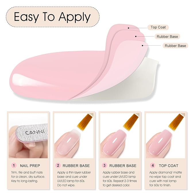 CANNI Rubber Base Gel – 9ml Soft Pink Base Coat Gel, Natural Cover Strengthening for Weak Nails, Soak Off UV LED for DIY Salon Manicure