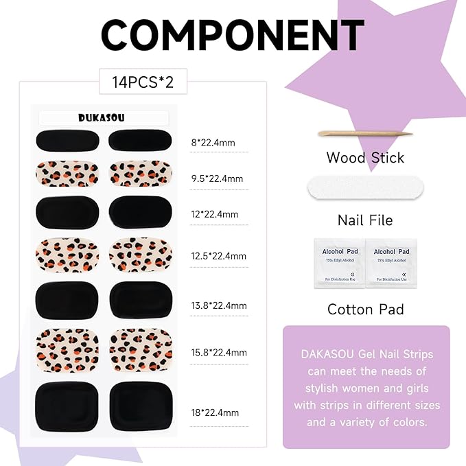 Semi Cured Gel Nail Strips (Black Leopard Print), 28 pcs Gel Nail Stickers, Work with Any UV Lamps, Long-Lasting NailWraps for Women, Salon Quality, Easy to Apply & Remove, Nail Art DIY