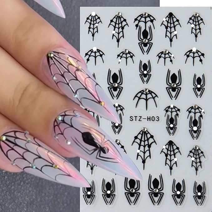 Spider Web Nail Art Stickers Halloween Nail Decals Cobweb Nail Stickers Rhinestone Design 3D Self-Adhesive Black Spiderweb Nail Sliders Manicure Accessories Holiday Nail Decorations for Women