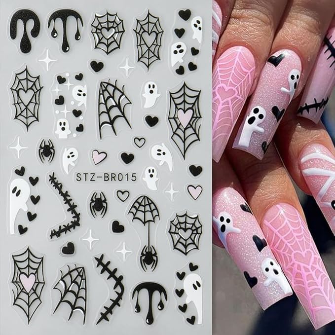 Spider & Bat Halloween Nail Decals - Self Adhesive Ghosts & Web Pattern Design - Day of The Dead DIY Nail Supplies & Charms for Women