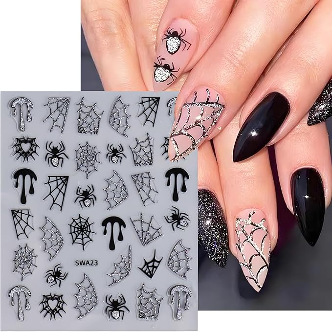 Halloween Nail Art Stickers, Glitter Spider Web Nail Art Decals 3D Self-Adhesive Black Gold Silver Heart Star Moon Nail Design 5Pcs Halloween Nail Art Supplies for Women Nail Decoration