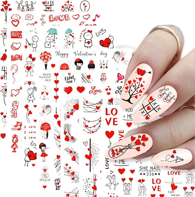 12 Sheets Valentines Nail Stickers, 3D Self-Adhesive Heart Designs, Love Rose Decals for Women Nail Art