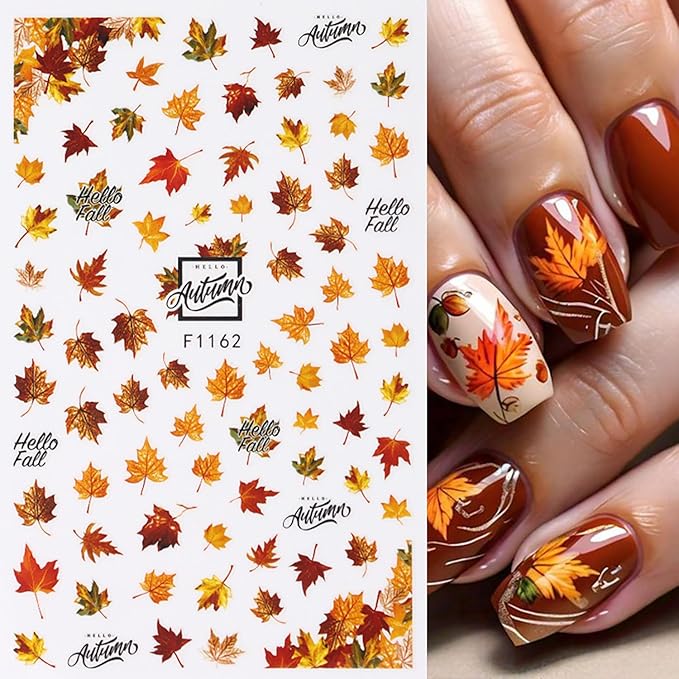 Fall Nail Stickers for Nail Art Maple Leaf Nail Decals 6PCS 3D Self-Adhesive Autumn Leaves Deer Pattern Design Stickers Decoration for Women DIY Holiday Party Nail Supplies Charms Accessories