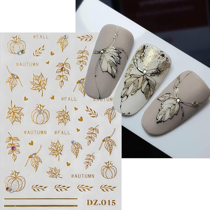 Fall Maple Leaves Nail Art Stickers, Gold Glitter Nail Decals 3D Self-Adhesive Pumpkin Fall Leavers Nails Stickers with Rhinestone Design 3Pcs Nail Art Supplies for Women Nail Decoration