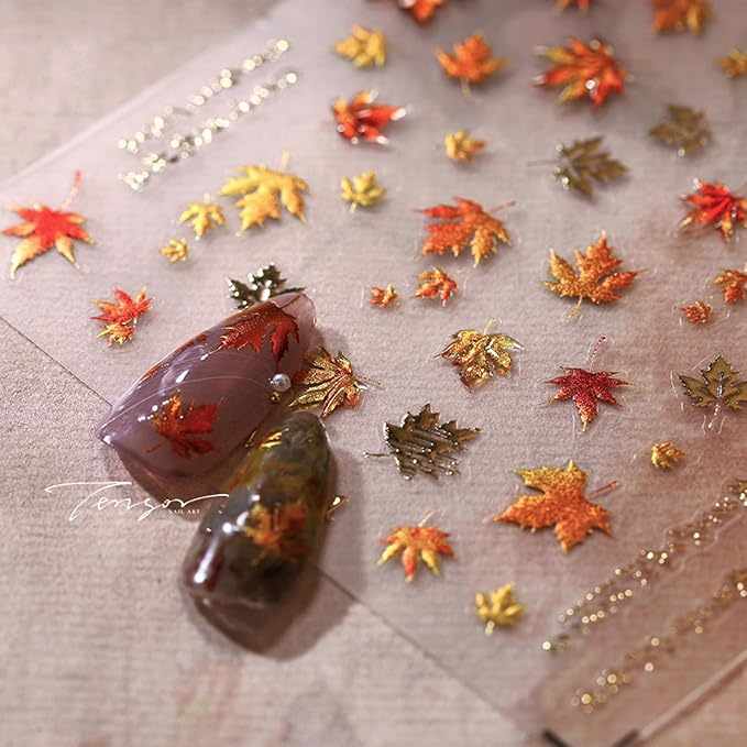 Fall Nail Art Stickers 5D Self-Adhesive Jelly Nail Decals Autumn Leaf Nail Stickers Maple Leaf Nail Art Supplies Cute Fallen Leaves Manicure Slider for Women Thanksgiving Day Acrylic Nails Decoration