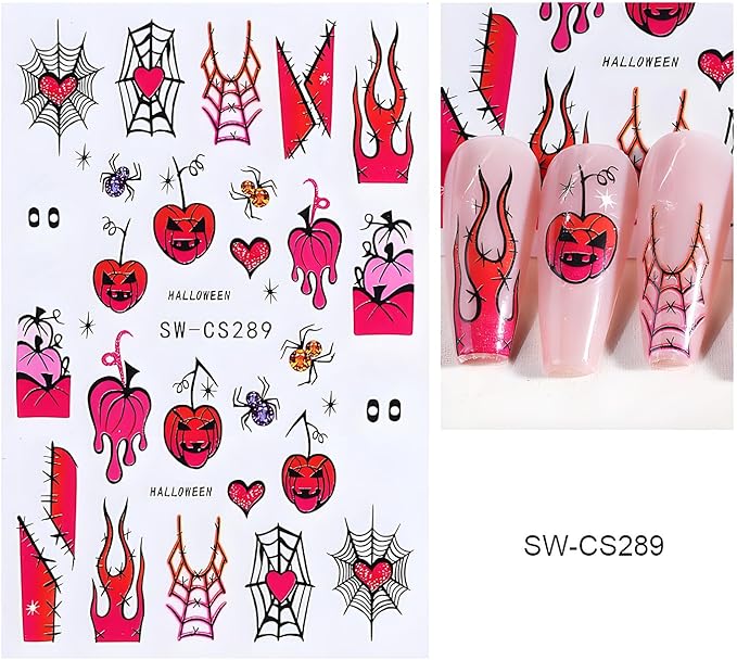 Halloween Nail Art Stickers, Spider Web Nail Art Decals 3D Self-Adhesive Pumpkin Cute Pink Heart Spider Web Nail Design 4Pcs Halloween Nail Art Supplies for Women Nail Decoration