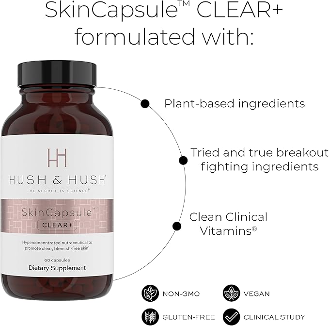 Hush & Hush SkinCapsule™ Clear+, Skin Care Supplement, Vegan, Acne Treatment for face, Clean Nutraceuticals Supplements That Contains Vitamin A, Turmeric, Dandelion Root, Zinc - 60 Capsules