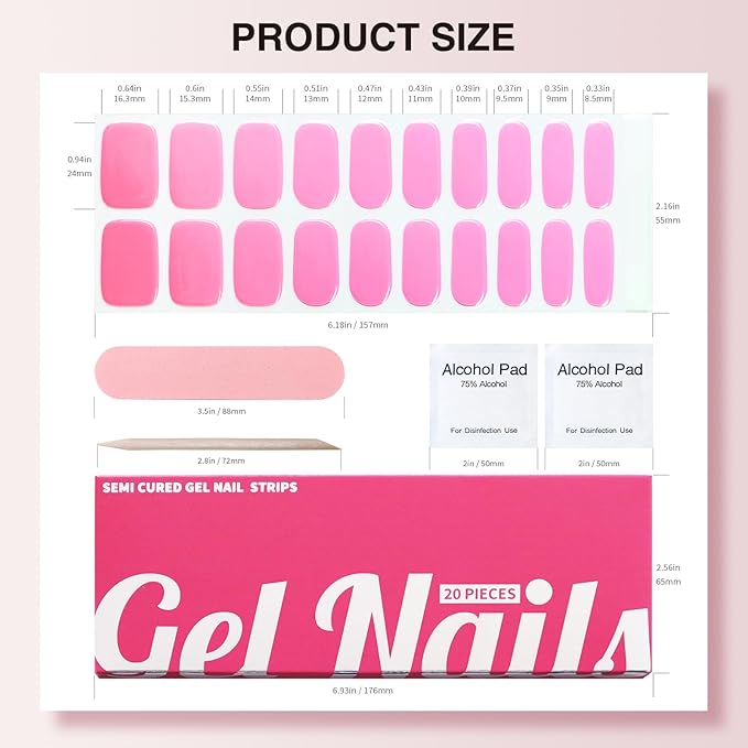 Semi Cured Gel Nail Strips, 20 PCS Gel Nail Stickers Work with UV Light, Salon Quality & Easy to Use - Rose Lover