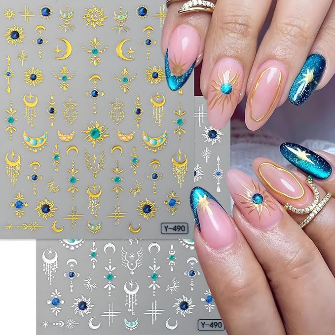 Boho Sun Moon Nail Art Stickers, Star Nail Art Decals 3D Self-Adhesive Gold Silver Sun Moon Nails Stickers Glitter Nail Design 4Pcs Nail Art Supplies for Women and Girls Manicure DIY Decoration