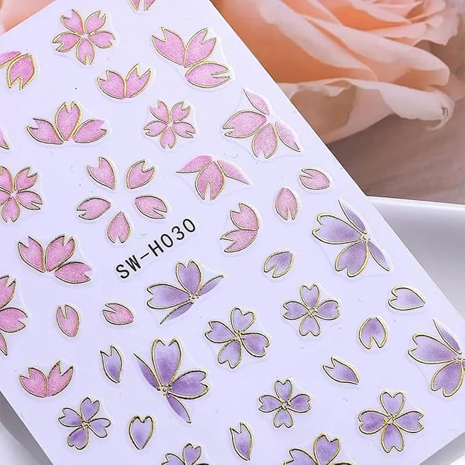 Flower Nail Stickers 3D Elegant Floral Nail Art Decal 6PCS 3D Self-Adhesive Japanese Style Colored Flowers Petals Nail Decals Flower Manicure Stickers Supply for Summer Fall DIY Nail Art Decorations