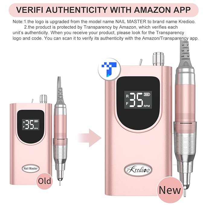 Kredioo Nail Drill, 35000RPM Nail Drills for Acrylic Nails Professional Cordless Electric File Rechargeable Portable Machine 6 Bits Dremel Tools for Women Manicure Pedicure Remove Gel Polish