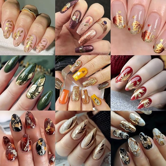 9Pcs Fall Nail Art Stickers Glitter Maple Leaf Nails Decals 3D Bronzing Ginkgo Squirrel Butterfly Flower Nails Design Sticker Autumn Thanksgiving Gold Nail Stickers Supplies for Women Manicure Decor