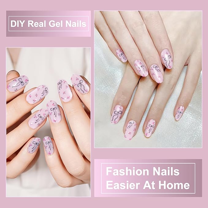 Semi Cured Gel Nail Strips,28 PCS Gel Nail Stickers |Wraps (Cute Bow),Long Lasting Stickers with UV Light Required,Easy to Apply