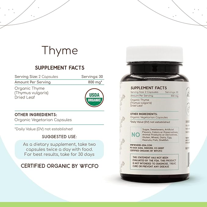 Thyme 60 Capsules, 800 mg, USDA Organic Thyme (Thymus Vulgaris) Dried Leaf (60 Capsules)