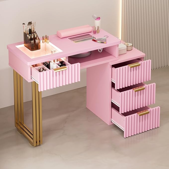 Manicure Table for Nail Tech with Dust Collector, Nail Station Desk w/4 Drawers & LED Lights, Acetone Resistant Beauty Salon Workstation w/Wrist Cushion (Pink)