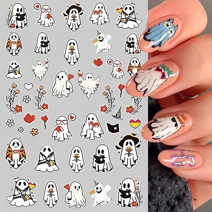 8 Sheets Halloween Nail Art Stickers Cute Flower Ghost Pumpkin Nail Decals Spooky Ghost Spider Web Bats Nail Design Stickers Floral Star Moon Nail Art Supplies for Women Holiday Nail Art Decorations