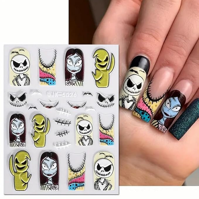 Halloween Nail Art Stickers 5D Embossed Scary Ghost Nightmare 3D Self-Adhesive Nail Decals Terror Scar Mask Designs Nail Supplies Halloween DIY Manicure Decorations for Women