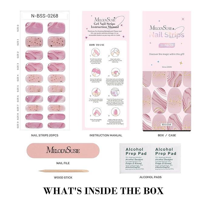 MelodySusie Semi Cured Gel Nail Strips (Pink Glitter Marble), Works with Nail lamp, Salon Quality, Long Lasting, Easy to Apply and Remove, Includes 20Pcs, 2 Prep Pads, Nail File and Wooden Stick