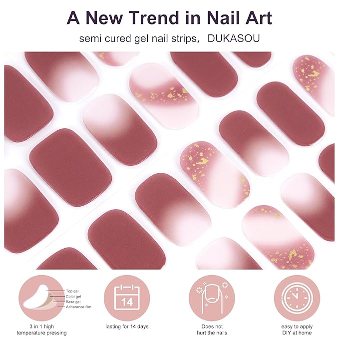 Semi Cured Gel Nail Strips,28 PCS Fall Nail Art Stickers for Holiday (Brick Red),Gel Stickers for Nails UV Light,Nail Polish Strips Includes Prep Pads, Nail File & Wood Stick