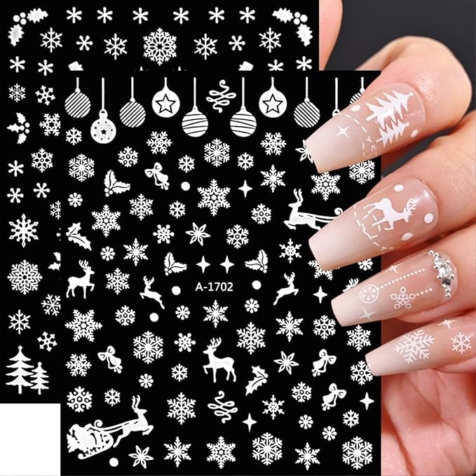12 Sheets Christmas Nail Stickers Snowflake Nail Art Stickers 3D Self-Adhesive Winter Nail Decals Elk Snowman Nail Design Bow Nail Art Supplies Decoration for Women and Girls