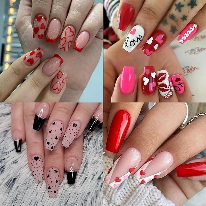 Heart Love Nail Art Stickers Glitter Shiny Love Nail Decals 3D Self-Adhesive Valentine Nail Supplies Glitter Red White Silver Black Heart Nail Design for Acrylic Nail Decorations 10 Sheets