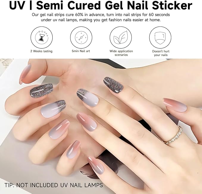 Semi Cured Gel Nail Strips | 28 pcs Gel Nails Strips Work with Any UV Lamps, Long Lasting UV Nail Stickers for Women DIY Nails Wraps(Bean Red)