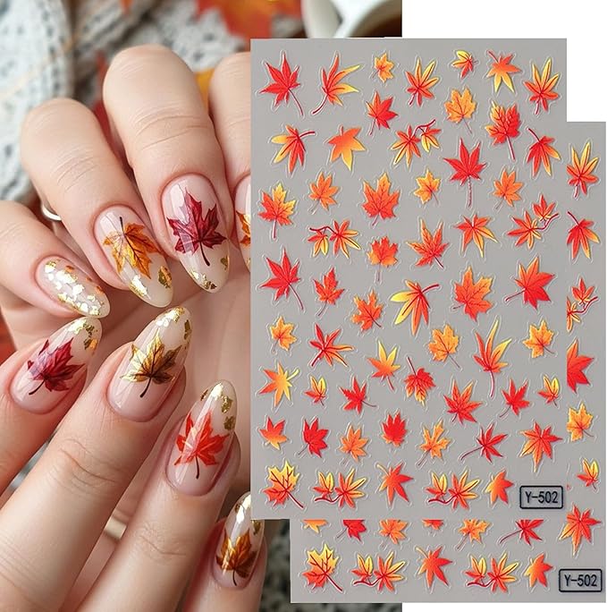 Fall Maple Leaves Nail Stickers for Nail Art Thanksgiving Autumn and Winter Maple Leaf Gradient Maple Leaf Nail Art Designs 3D Self-Adhesive Decals for Women Nail Decoration Supplies 2 Sheets
