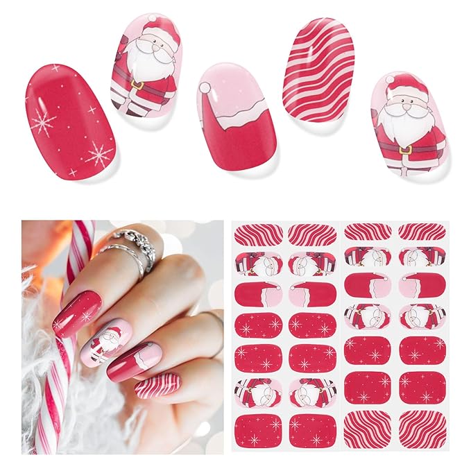 Semi Cured Gel Nail Strips,28 pcs Christmas Nail Stickers for Women,Long Lasting Gel Strips with Any UV Light,Red Santa Sticker for Nails Easy to Apply