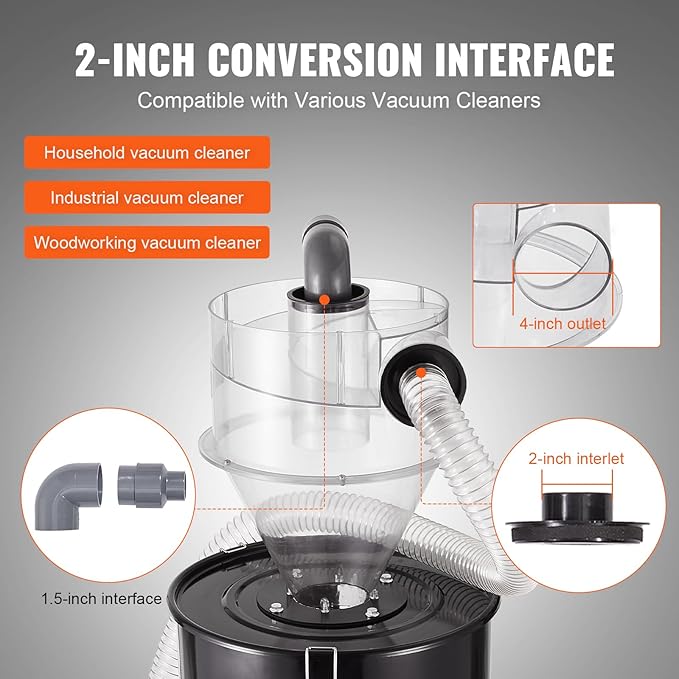 VEVOR Cyclone Dust Separator with Metal Tank, 4" Retrofit Cyclone Separator for Dust Collectors, ABS Material With 2" Hole O.D. Connector & Hose for Wet/Dry Shop Vacuums, Fits 13.21 Gallon Tank