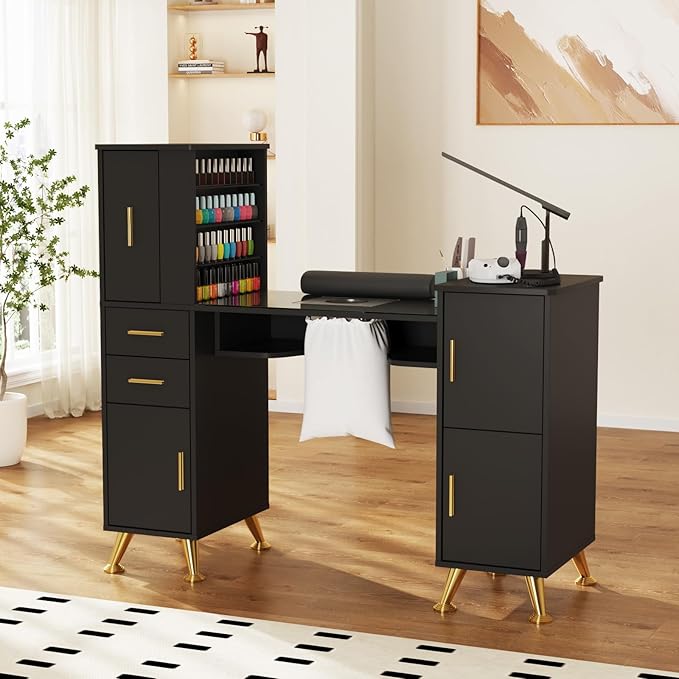 Manicure Table Nail Desk with Glass Top & Wrist Rest, Nail Station with Dust Collector & 4 Dust Bags, Beauty Salon Workstation with Storage Drawers & Cabinet (Black)