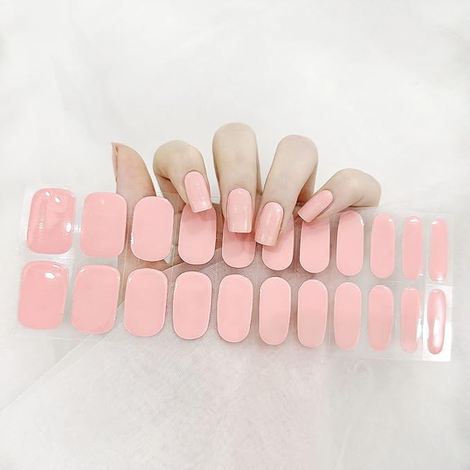 Semi Cured Gel Nail Strips (Light Pink)-22 PCS Wine Red Nail Stickers | Works with Light | Manicure Wraps, Salon Quality & Easy to Use