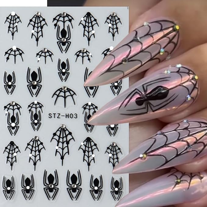Spider Web Nail Art Stickers Halloween Nail Decals Cobweb Nail Stickers Rhinestone Design 3D Self-Adhesive Black Spiderweb Nail Sliders Manicure Accessories Holiday Nail Decorations for Women