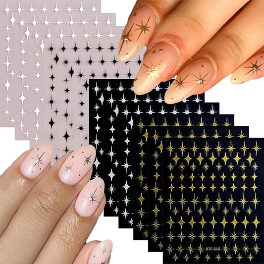 12 Sheets Star Nail Stickers Black White Nail Decals Gold Silvery Stars Design Nail Art Stickers 3D Self-Adhesive Manicure DIY for Women Acrylic Nails Supplies