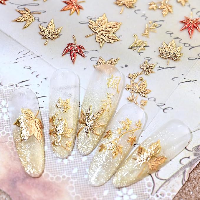 1Sheet 5D Embossed Thanksgiving Nail Art Stickers Self Adhesive Bronzing Fall Maple Leaves Design Nails Decals for Acrylic Nails Fiery Red Maple Leaf Nail Sticker for Women Autumn Nails Decor Supplies